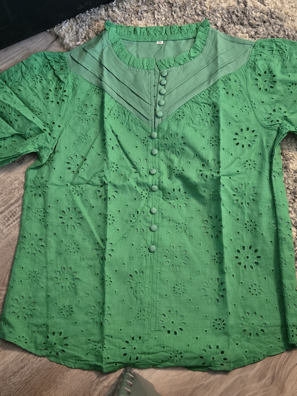 Women’s Green Eyelet Button Front Top